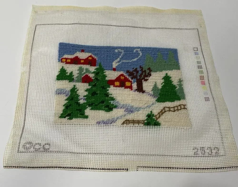 Winter Farmhouse Wintery Needlepoint Scene Beautifully Finished NEEDS FRAME!